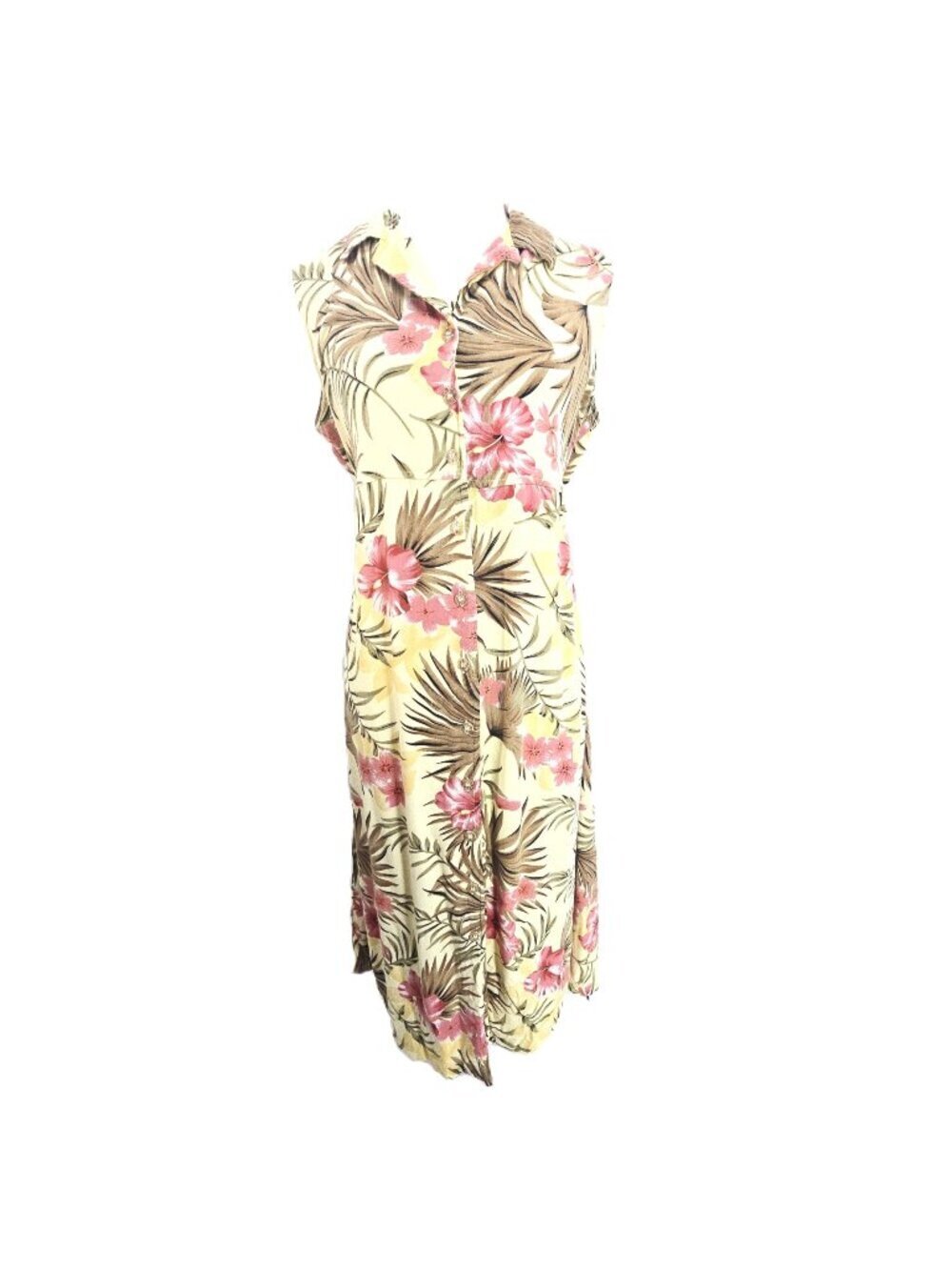 Bahama Beach Yellow Hawaiian Floral Sleeveless Button Front MiDi Dress Women PL